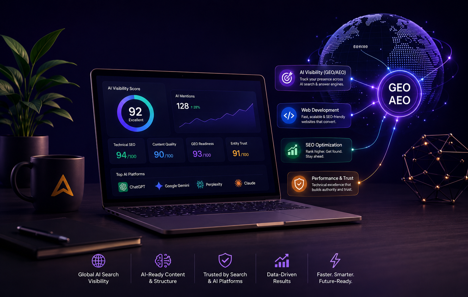 Let's build visibility that AI can see - Adexorb AI visibility dashboard showing GEO readiness scores across ChatGPT, Gemini, Perplexity and Claude