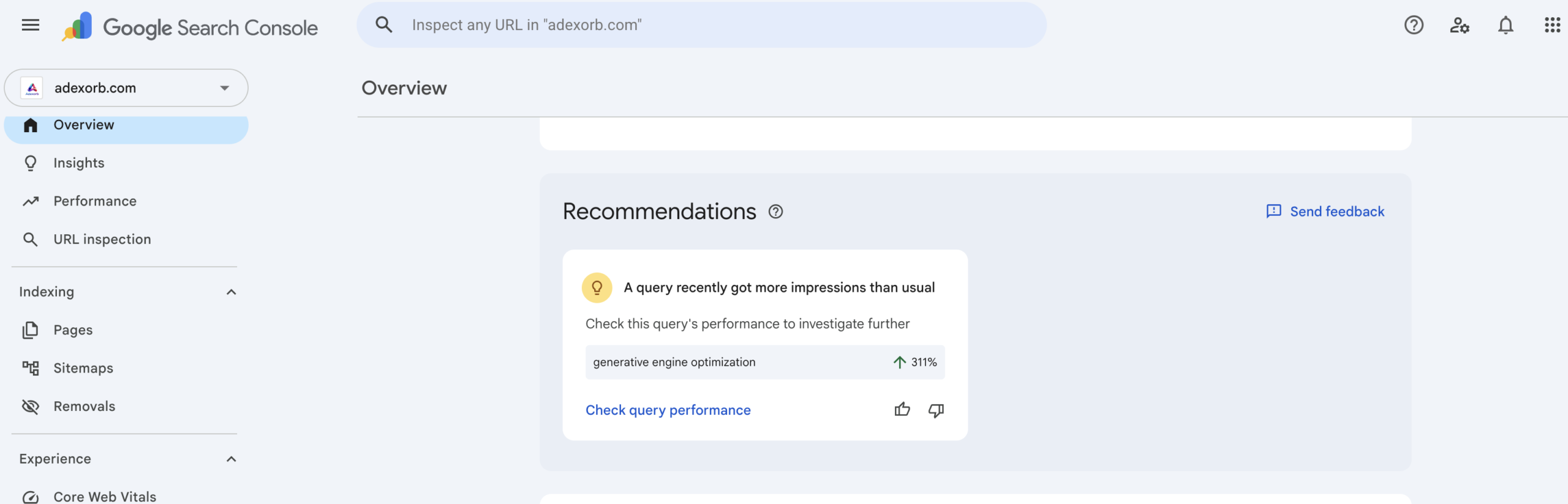 Google Search Console recommendation card showing the query generative engine optimization with impressions up 311 percent