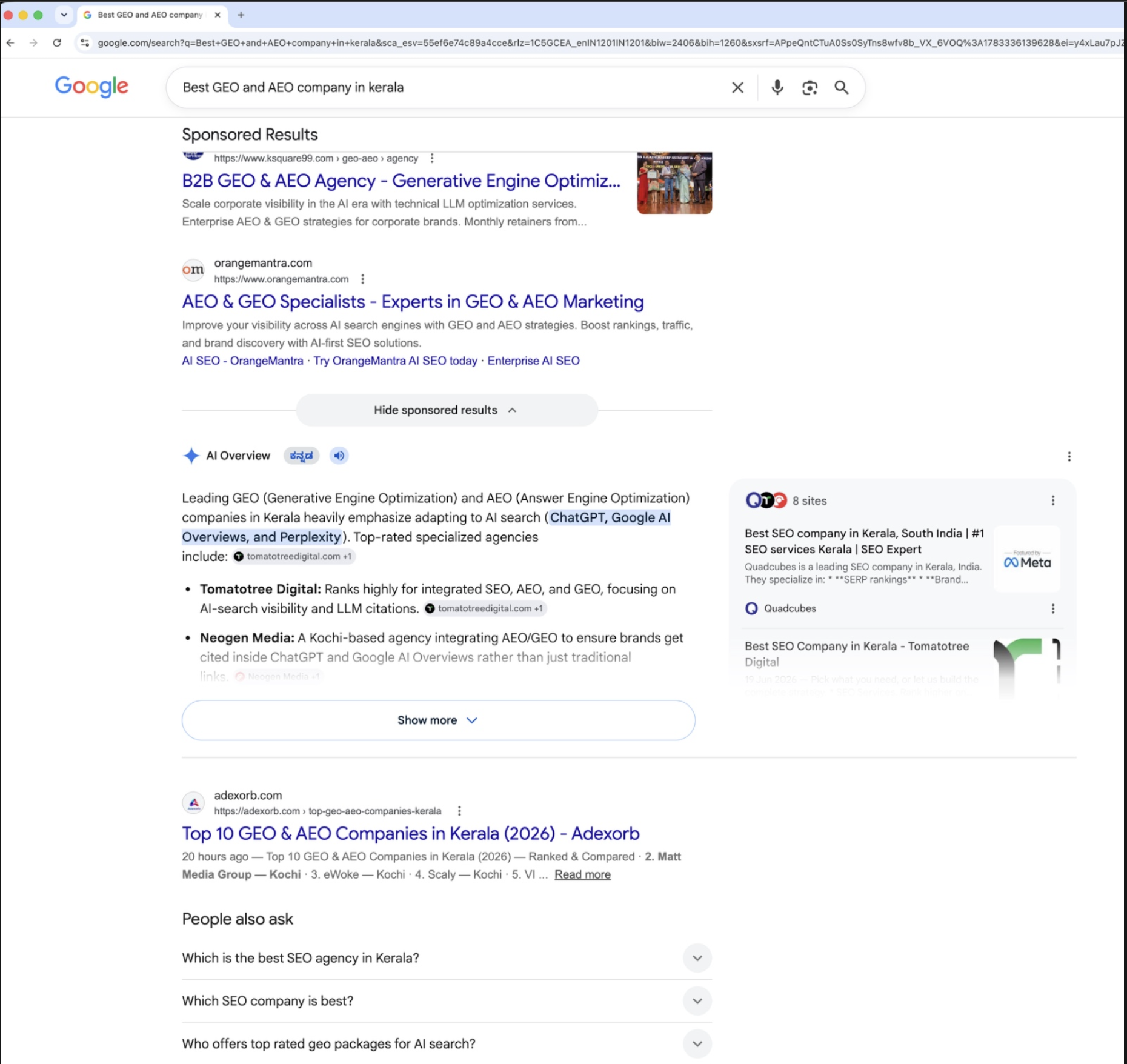 Google search results for best GEO and AEO company in Kerala showing competitor sponsored ads above the AI Overview and Adexorb ranked number one organically with its Top 10 GEO and AEO Companies in Kerala post