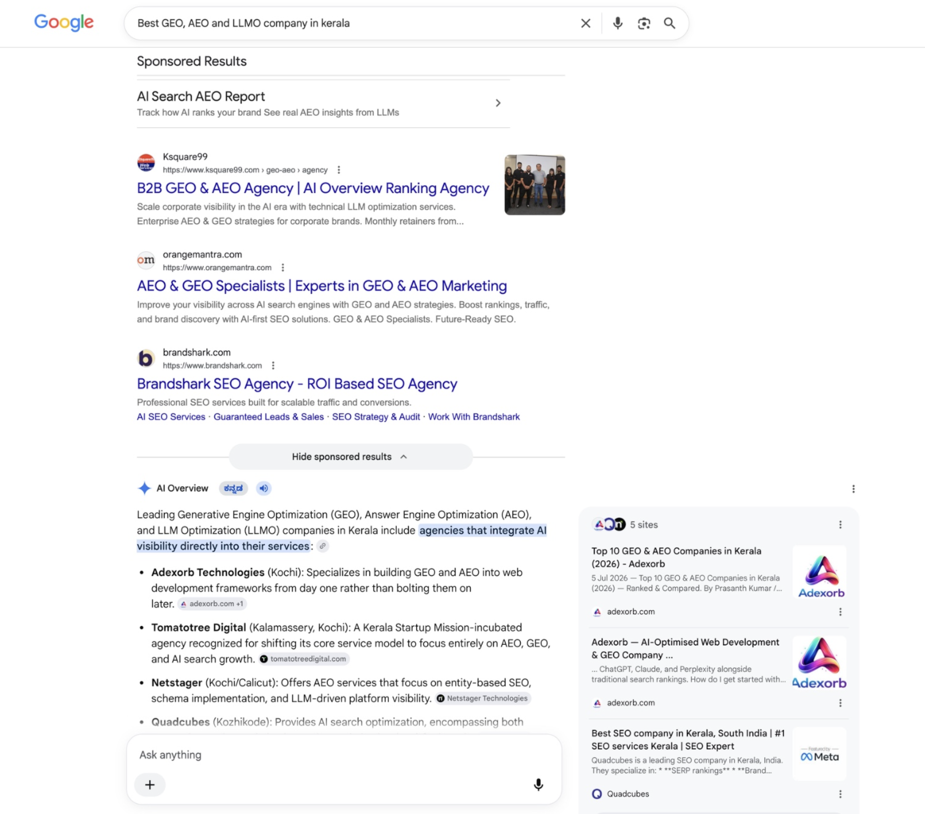 Google AI Overview for best GEO AEO and LLMO company in Kerala listing Adexorb Technologies Kochi first with two adexorb.com pages cited as sources